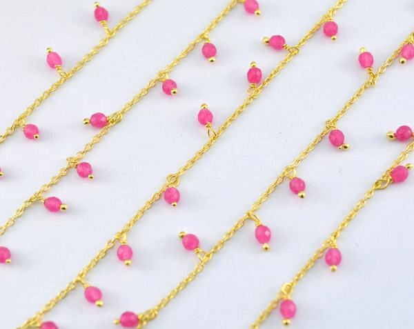 925 Sterling Silver Gold Hot pink chalcedony Rosary Chain - 2mm ,ROS2-6094 
