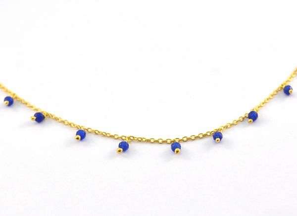 Gorgeous 925 Sterling Silver Gold Rosary Chain With Blue Chalcedony - 2mm,Sold By foot, ROS2-6098