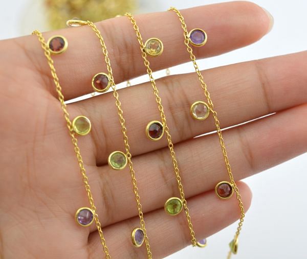 925 Sterling Silver Gold Dangling Chain With Round Shape - Multi Bezel(4mm),ROS2-6370 