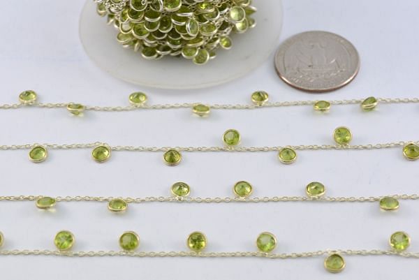  925 Sterling Silver Gold Round Shape Chain - Peridot(4mm), ROS2-6393 