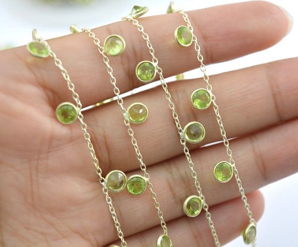  925 Sterling Silver Gold Round Shape Chain - Peridot(4mm), ROS2-6393 