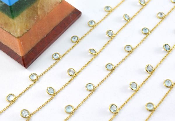 925 Sterling Silver Gold Chain With Blue Topaz in 4mm Size - ROS2-6397 