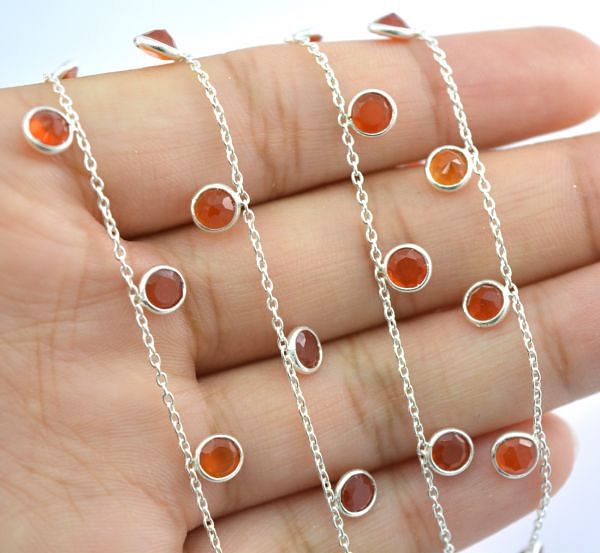  925 Sterling Silver Gold Round Shape Chain in 4mm Size With carnelian - ROS2-6402