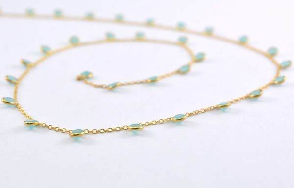 925 Sterling Silver Gold Chain Studded With Green Aqua - 4mm, ROS2-6404 