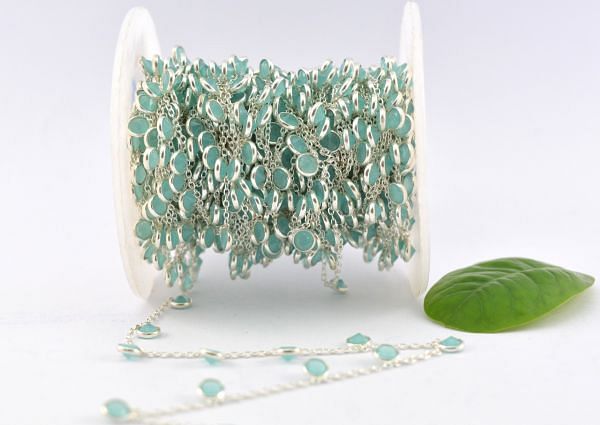 925 Sterling Silver Gold Chain Studded With Green Aqua - 4mm, ROS2-6404 