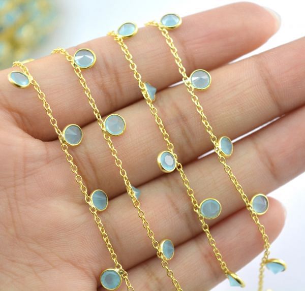 Beautiful 925 Sterling Silver Gold Chain - Sky Blue chalcedony(4mm), ROS2-6406