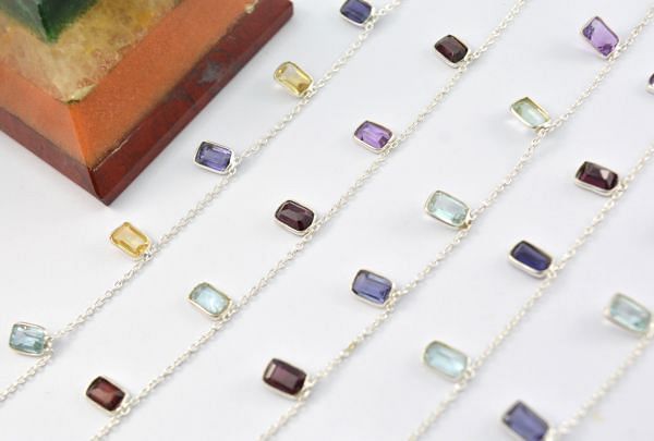 925 Sterling Silver Gold Chain in Multi Stone - 6.00x4.00 mm, ROS2-6421 