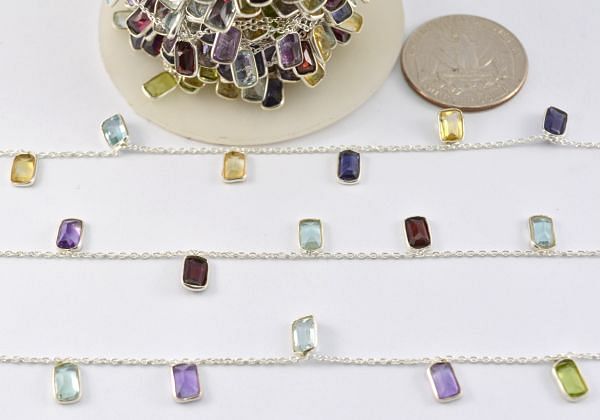 925 Sterling Silver Gold Chain in Multi Stone - 6.00x4.00 mm, ROS2-6421 
