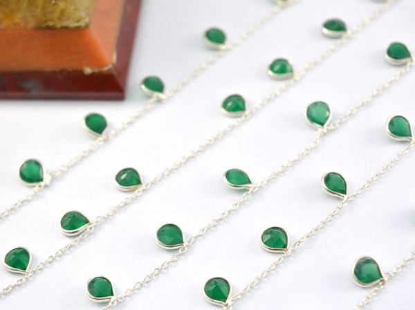 925 Sterling Silver Gold Chain Sudded With Green Onyx -  6.00x4.00 mm, ROS2-6426