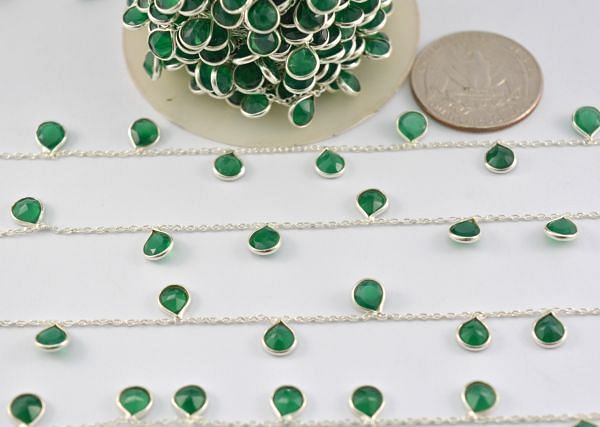 925 Sterling Silver Gold Chain Sudded With Green Onyx -  6.00x4.00 mm, ROS2-6426