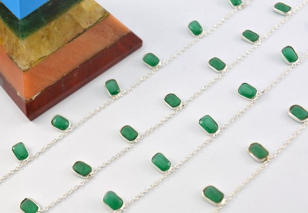 Beautiful 925 Sterling Silver Gold Dangling Chain in Octagon Shape - Green Onyx(6.00x4.00 mm), ROS2-6427 