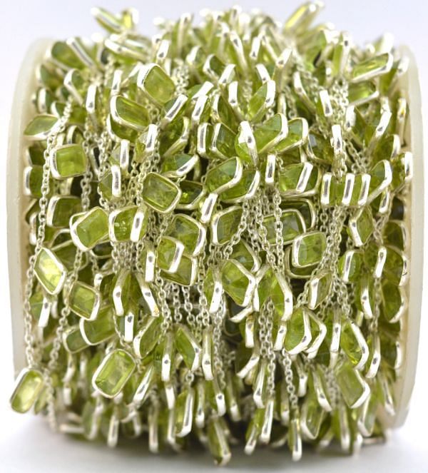 925 Sterling Silver Gold Bezel Chain With Octagon Shape in 6.00x4.00 mm - Peridot , ROS2-6428