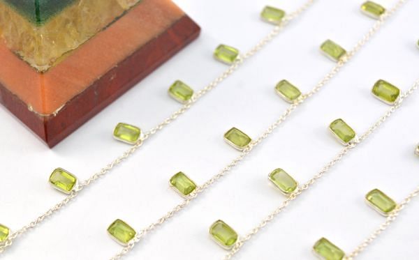 925 Sterling Silver Gold Bezel Chain With Octagon Shape in 6.00x4.00 mm - Peridot , ROS2-6428