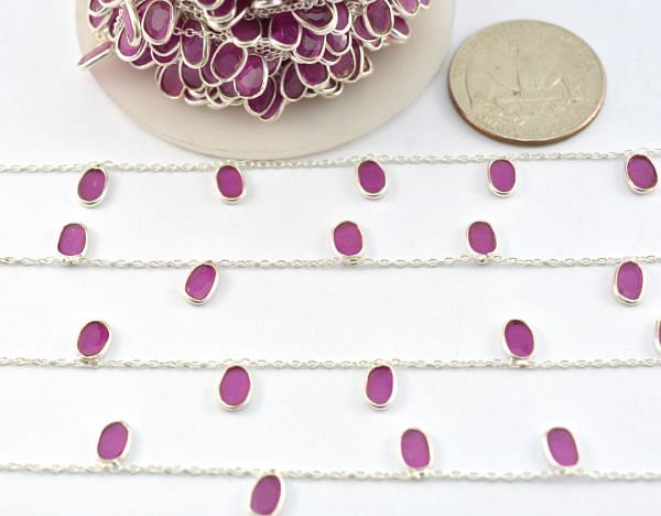 925 Sterling Silver Gold Bezel Chain With Oval Shape - Ruby(6.00X4.00 MM), ROS2-6433