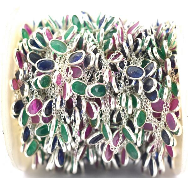 925 Sterling Silver Gold Chain Studded With Multi Emerald, Ruby, And Sapphire - 6.00 x 4.00 mm, ROS2-6437