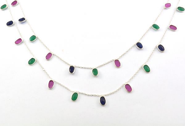 925 Sterling Silver Gold Chain Studded With Multi Emerald, Ruby, And Sapphire - 6.00 x 4.00 mm, ROS2-6437