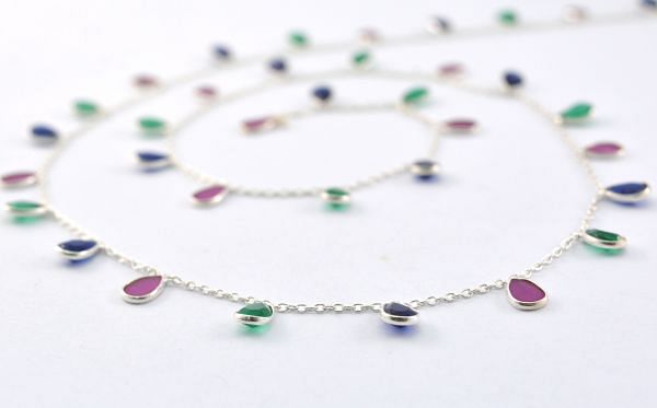  Lovely 925 Sterling Silver Gold Chain in Multi Emerald, Ruby, And Sapphire - 6.00 x 4.00 mm,ROS2-6438