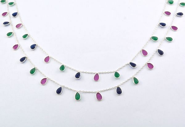  Lovely 925 Sterling Silver Gold Chain in Multi Emerald, Ruby, And Sapphire - 6.00 x 4.00 mm,ROS2-6438