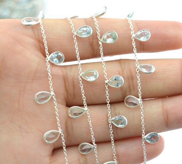 Beautiful 925 Sterling Silver Gold Chain Studded With Blue Topaz - 6.00x4.00 mm,ROS2-6440