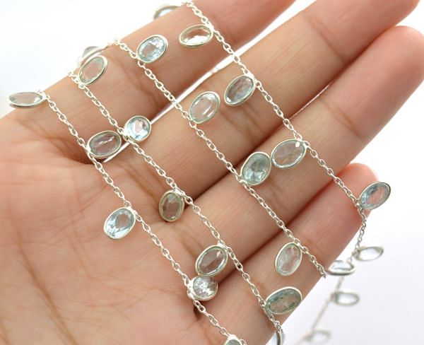 925 Sterling Silver Gold Oval Shape Chain - Blue Topaz(6.00x4.00 mm), ROS2-6441 