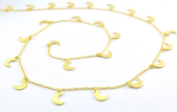 925 Sterling Silver Gold Dangling Tag Chain Studded in moon shape, 8.80x3.50 mm - ROS2-6450