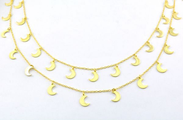 925 Sterling Silver Gold Dangling Tag Chain Studded in moon shape, 8.80x3.50 mm - ROS2-6450