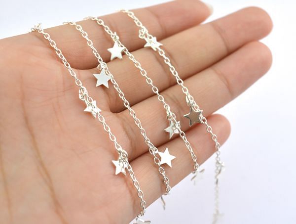 Lovely 925 Sterling Silver Gold Dangling Tag Chain in Star shape,6.20x 6.20 mm - Sold By Foot, ROS2-6457