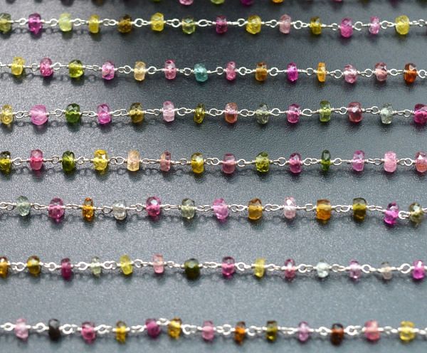  Gorgeous  18k Solid White Gold Rosary Chain  With Multi Tourmaline Stone , 3mm Size -  SGGRC-001B Sold By 1 Inch.