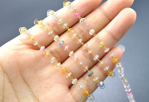 18K Solid Yellow Gold, Gorgeous Handmade Wire Wrapped with AAA Quality Coin Faceted Natural Multi Sapphire Beads. Shape 4 MM Rosary Chain. Sold By 1 Inch, SGGRC-003