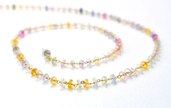 18K Solid Yellow Gold, Gorgeous Handmade Wire Wrapped with AAA Quality Coin Faceted Natural Multi Sapphire Beads. Shape 4 MM Rosary Chain. Sold By 1 Inch, SGGRC-003