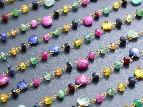  Stunning 14k  Solid Gold Rosary Chain With Multi Sapphire Stone - 5mm Size - SGGRC-005, Sold By 1 Inch.