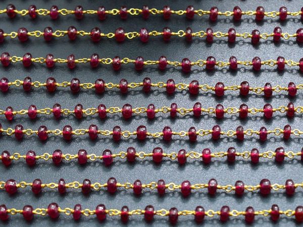 Alluring Handmade  18k Solid Gold Rosary Chain With Natural Ruby Stone, 3.50mm Size - SGGRC-08,Sold By 1 Inch.
