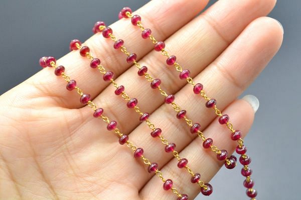  Alluring Handmade  18k Solid Gold Rosary Chain With Natural Ruby Stone, 3.50mm Size - SGGRC-08,Sold By 1 Inch.