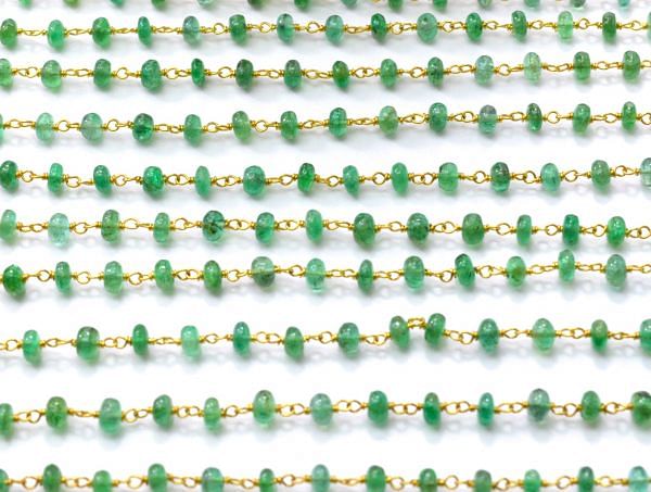  Splendid  18k Solid yellow Gold Rosary Chain Studded With Natural Emerald Stone - 3-3.50mm  - SGGRC-010, Sold By 1 Inch.