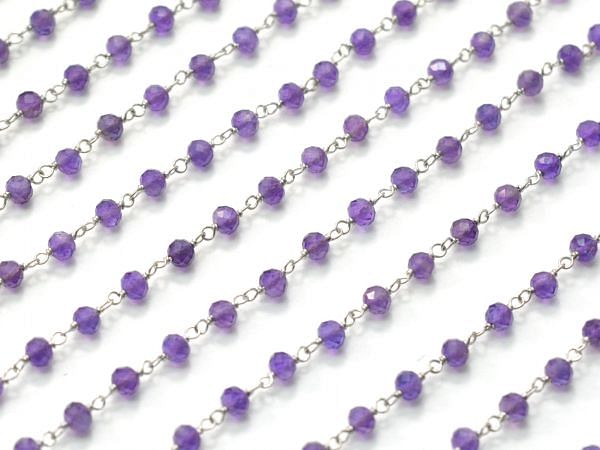   14k  Solid White Gold Rosary Chain With 3 mm Size -Natural Amethyst - SGGRC-015B, Sold By 1 Inch.