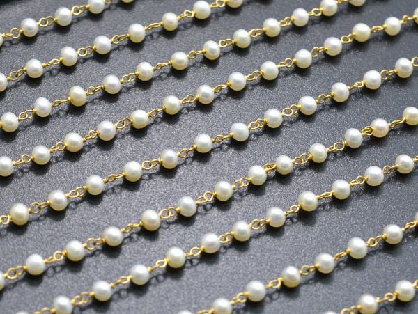   18k Solid Gold Rosary Chain With Natural Pearl Stone - 3.00 mm Size  - SGGRC-028, Sold By 1 Inch.