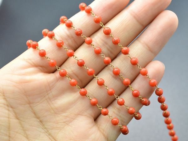   18k Solid Gold Rosary Chain Studded With Coral Sotne in 3.50 mm Size - SGGRC-029, Sold By 1 Inch.