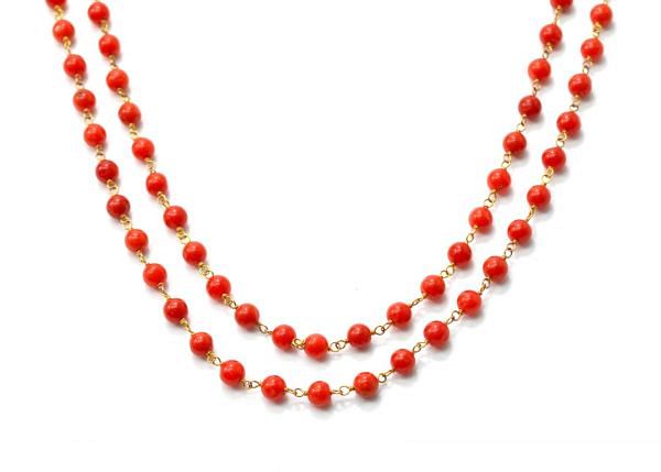   18k Solid Gold Rosary Chain Studded With Coral Sotne in 3.50 mm Size - SGGRC-029, Sold By 1 Inch.