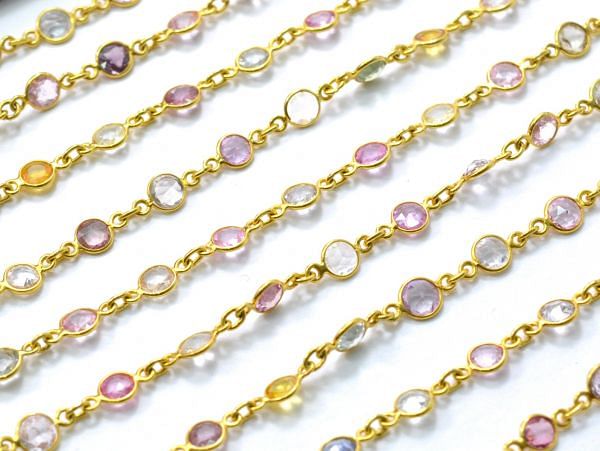 18K Solid Yellow Gold Attractive Bezel Chain With Natural Round Multi Sapphire Stone Size - 4.00 MM. Sold By 17CM, SGGRC-047.