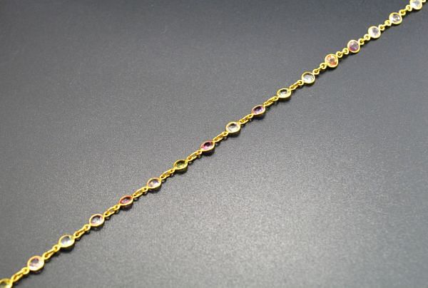 18K Solid Yellow Gold Attractive Bezel Chain With Natural Round Multi Sapphire Stone Size - 4.00 MM. Sold By 17CM, SGGRC-047.