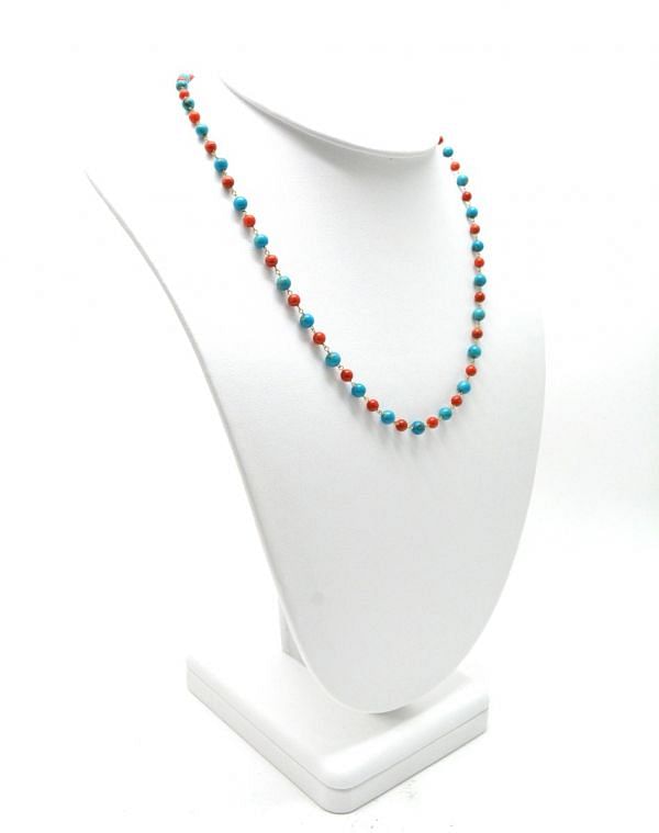  14k Solid Gold Necklace With Natural Coral and Turquoise Stone - 4 -4.5 MM, SGGRC-174