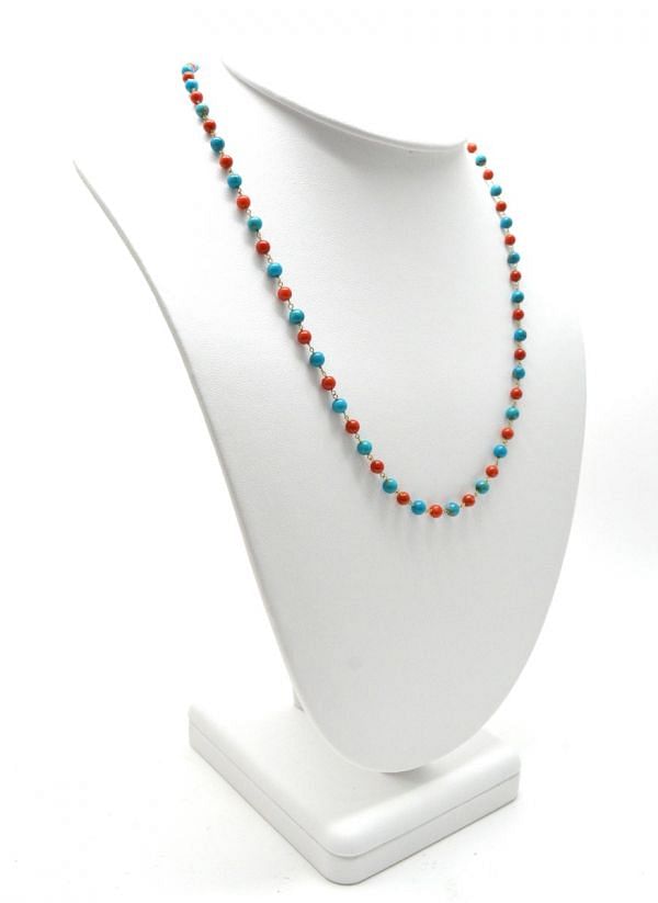  14k Solid Gold Necklace Studded With Natural Coral, Turquoise - SGGRC-175
