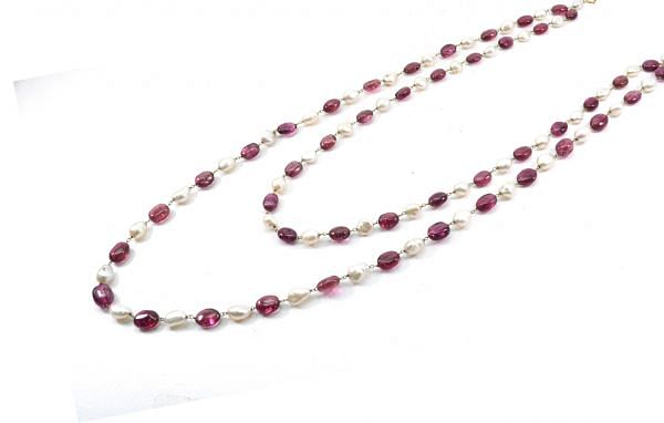  14k Solid Gold Necklace -  Natural Pearl And Rubelite, SGGRC-181