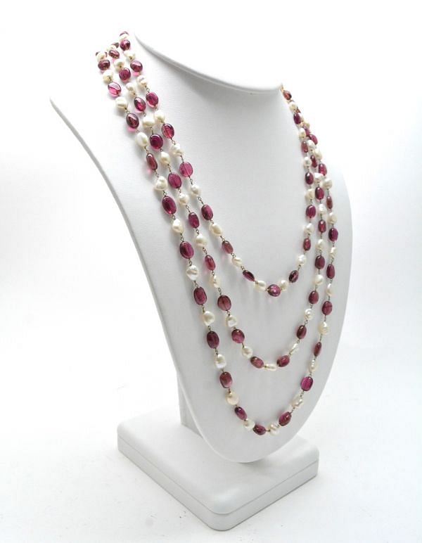  14k Solid yellow Gold Necklace With Pearl, Rubelite Stone - SGGRC-213