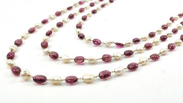  14k Solid yellow Gold Necklace With Pearl, Rubelite Stone - SGGRC-213