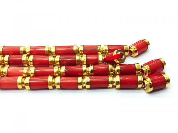 18K Handmade Gold Tube Bead with Natural Coral Stone Studded, SGTAN-1081, Sold By 1 Pcs.