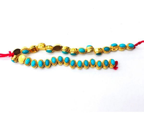 18K Solid Yellow Gold Oval  Shape Natural Turquoise Stone Bead, SGTAN-1085, Sold By 1 Pcs.