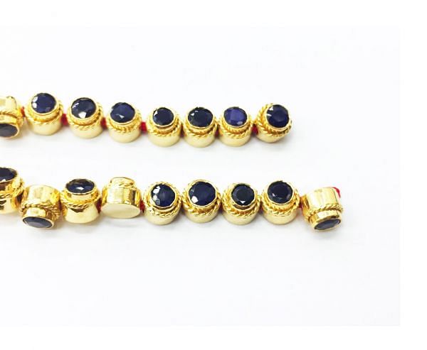 18K Solid Yellow Gold Bead With Natural Blue Sapphire Stone In Round Shape, SGTAN-1086, Sold By 1 Pcs.