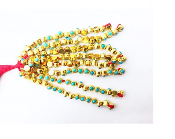 18K Solid Yellow Gold Round Shape 4,50X4,50X4,50 MM Bead With Natural Turquoise Stone, SGTAN-1087, Sold By 1 Pcs.
