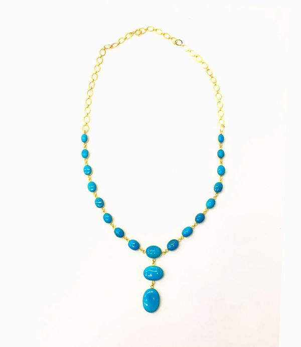  18K Solid Yellow Gold Oval Shape Natural Turquoise  Stone Necklace, SGTAN-1118, Sold By 1 Pcs.
